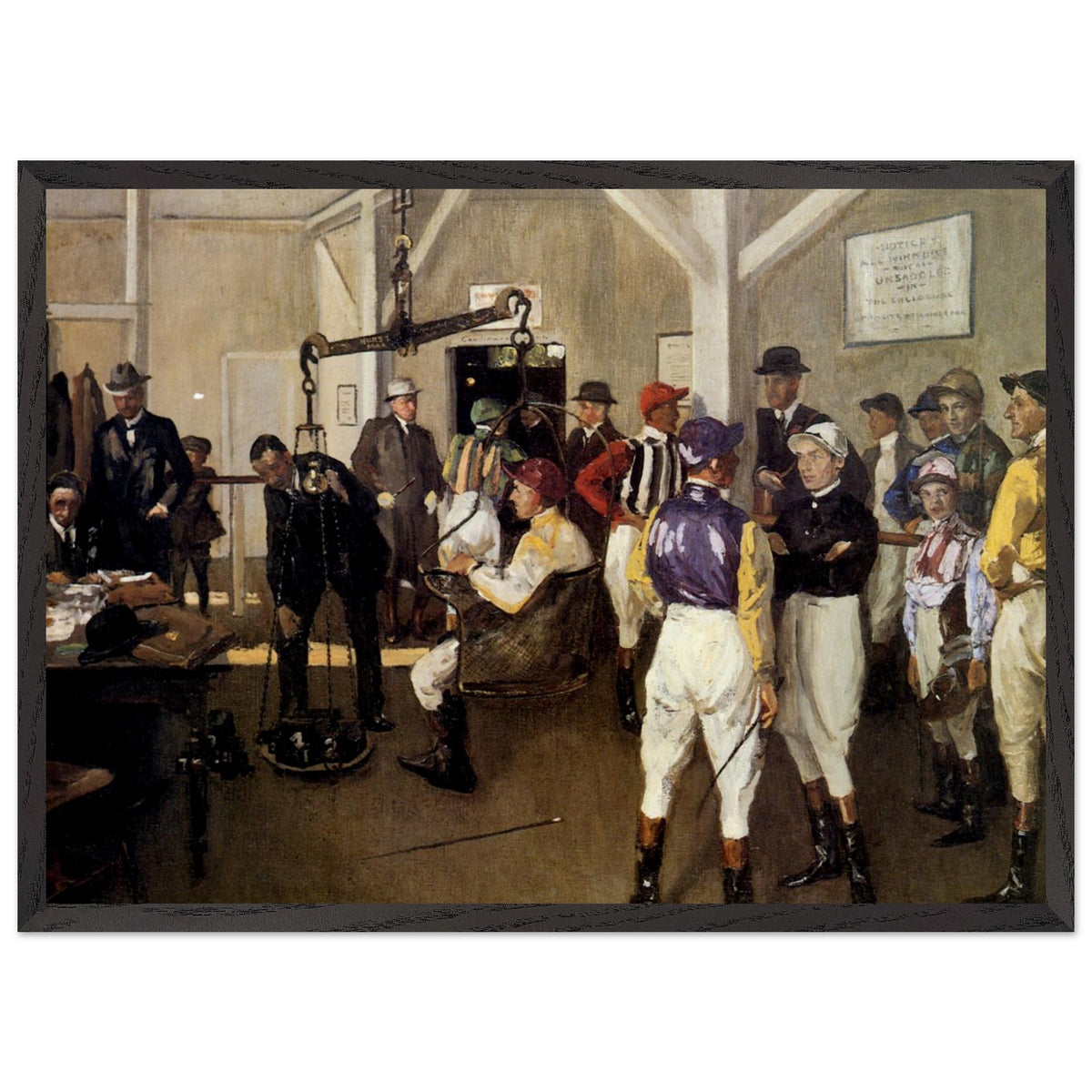 The Weighing Room, Hurst Park (1924) by Sir John Lavery in a black frame, horse racing painting