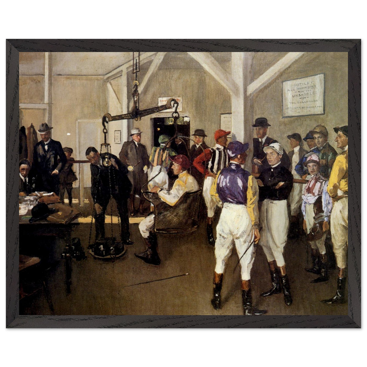 The Weighing Room, Hurst Park (1924) by Sir John Lavery in a black frame, racecourse weighing room with jockeys