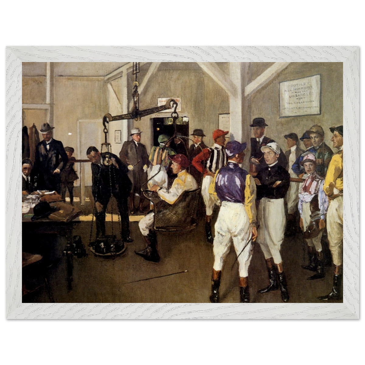 The Weighing Room, Hurst Park (1924) by Sir John Lavery in a white frame, horse racing painting
