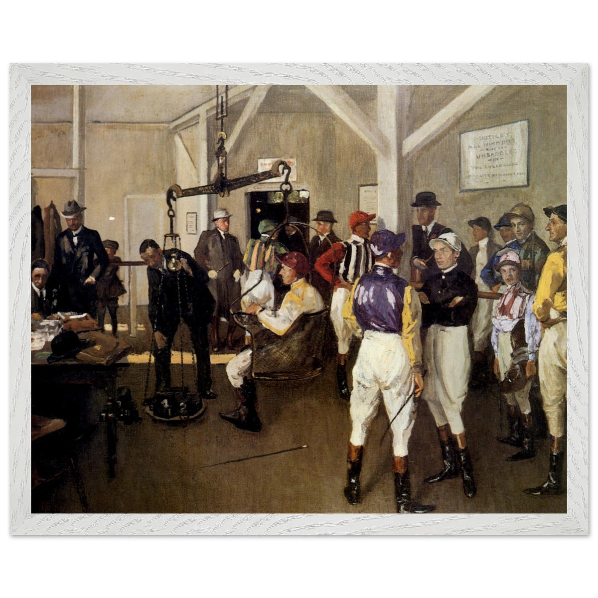 The Weighing Room, Hurst Park (1924) by Sir John Lavery in a white frame, racecourse weighing room with jockeys