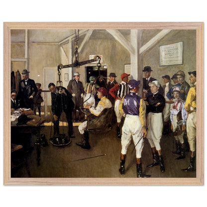 The Weighing Room, Hurst Park (1924) by Sir John Lavery in an oak frame, jockeys in racing silks around the scales