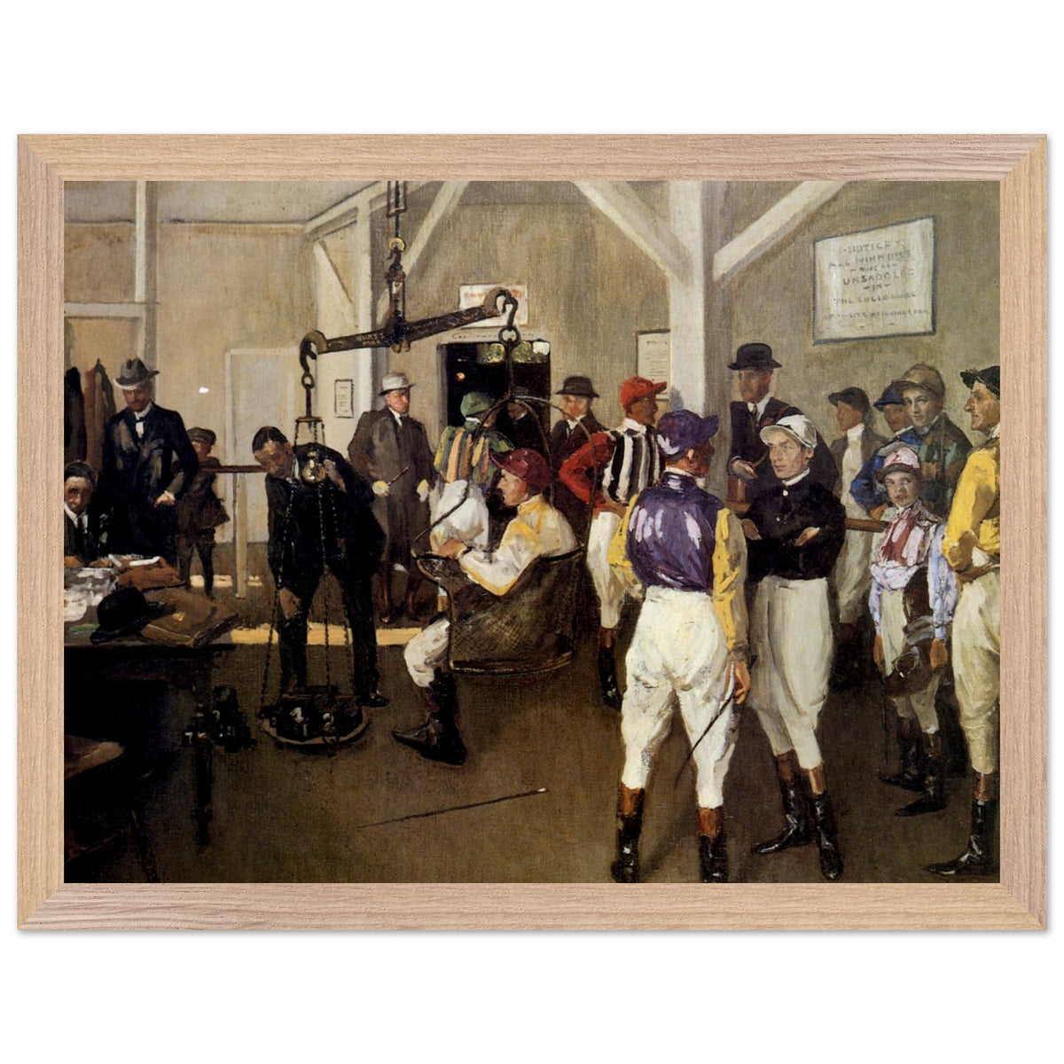 The Weighing Room, Hurst Park (1924) by Sir John Lavery in an oak frame, racecourse weighing room with jockeys