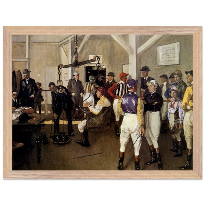The Weighing Room, Hurst Park (1924) by Sir John Lavery in an oak frame, racecourse weighing room with jockeys
