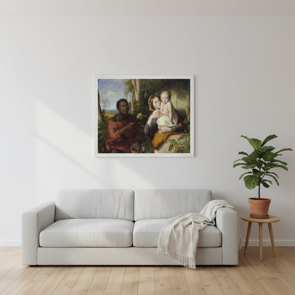 The Toy-Seller – William Mulready Archival Irish Art Print in a clean, minimalist Scandinavian living room interior with soft natural light filling the space.