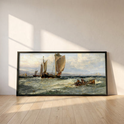 Trawlers Leaving Port framed print in a black frame leaning against a white plaster wall on oak floorboards in morning light