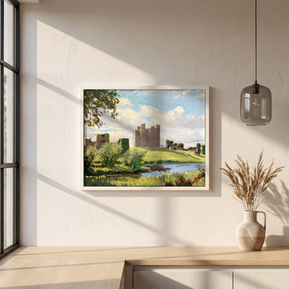 Trim Castle framed print in a white frame on a plaster wall above an oak worktop in a bright Scandinavian kitchen