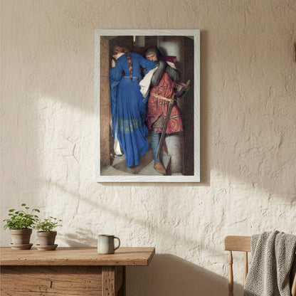 Warm cottage room with textured plaster walls, soft natural daylight, rustic wooden table, framed Turret Stairs – Irish Art Print by Frederic William Burton print hung slightly off-centre, heritage styling.
