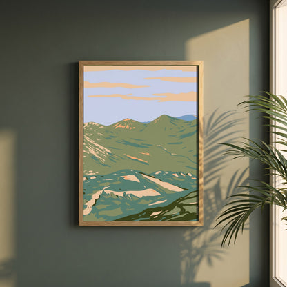 Twelve Bens Connemara National Park Galway Ireland framed print in a natural oak frame on a dark green wall beside a window, dappled plant shadow