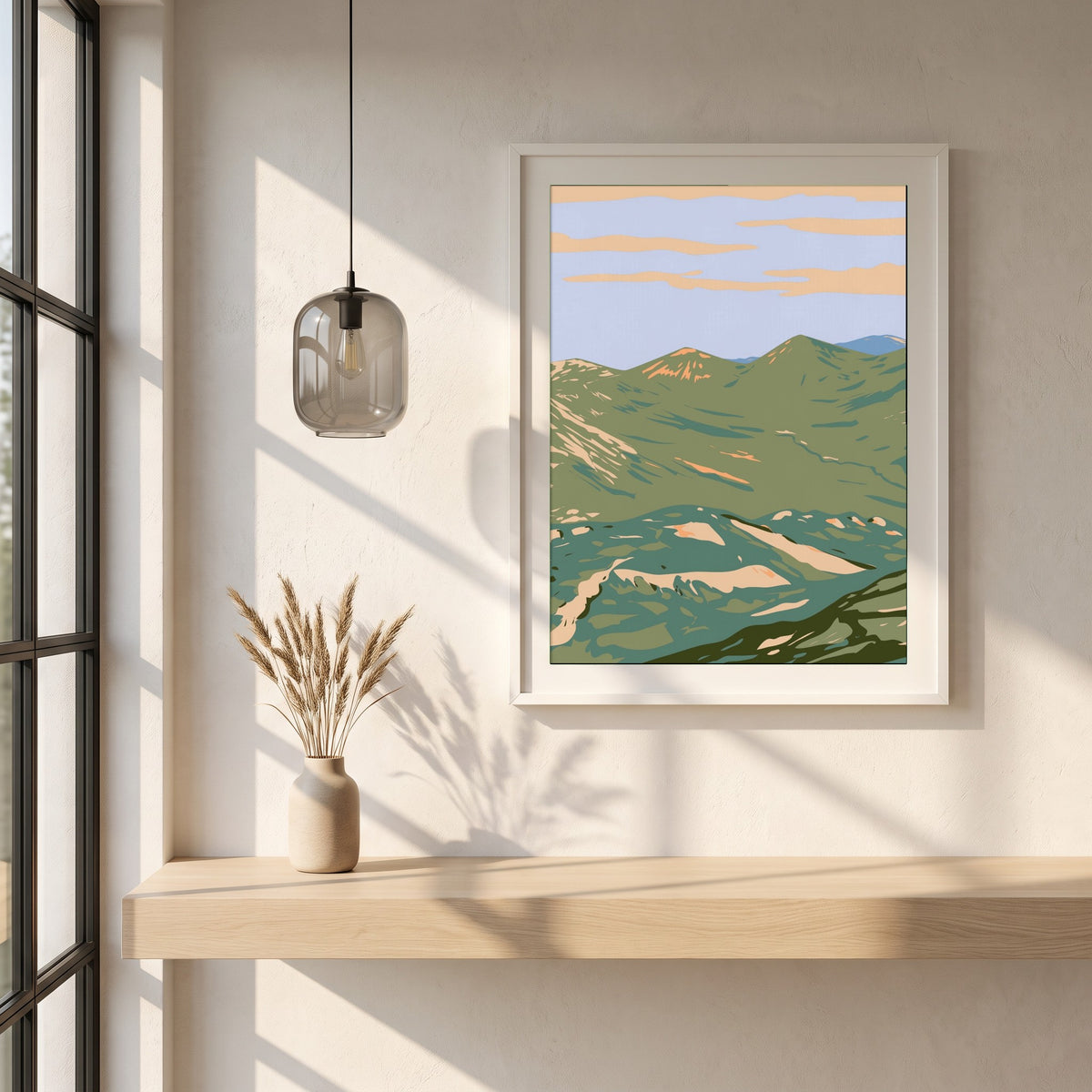 Twelve Bens Connemara National Park Galway Ireland framed print in a white frame on a plaster wall above an oak worktop in a bright Scandinavian kitchen