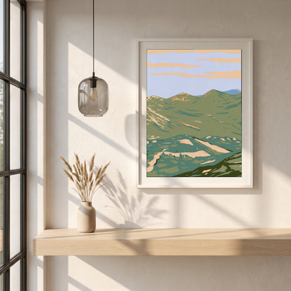 Twelve Bens Connemara National Park Galway Ireland framed print in a white frame on a plaster wall above an oak worktop in a bright Scandinavian kitchen