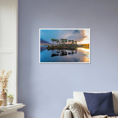 Twelve Pines, Derryclare Lough print in a white frame on a lavender wall above a sofa