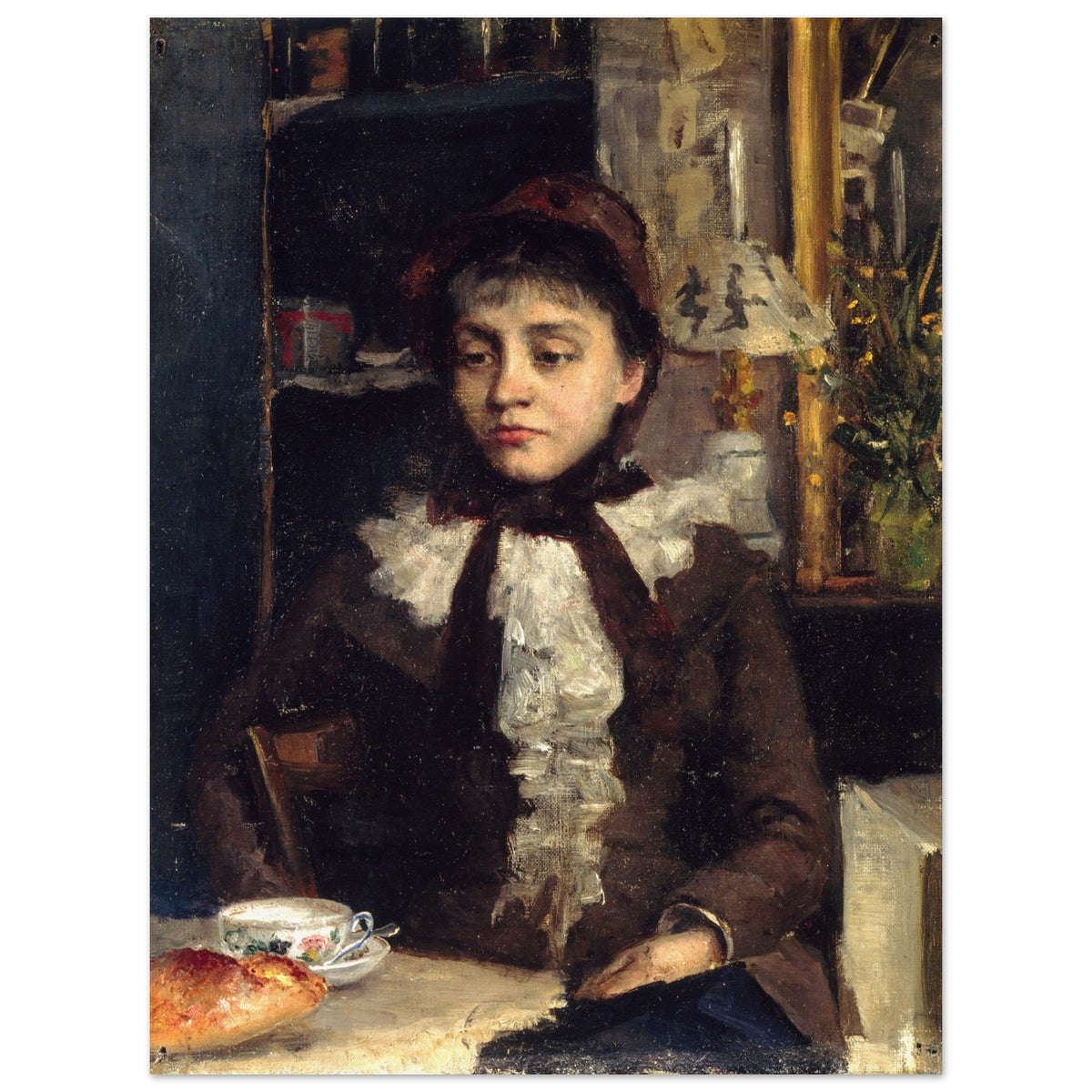 Unframed Sarah Purser breakfast scene print, woman in a dark jacket and white jabot