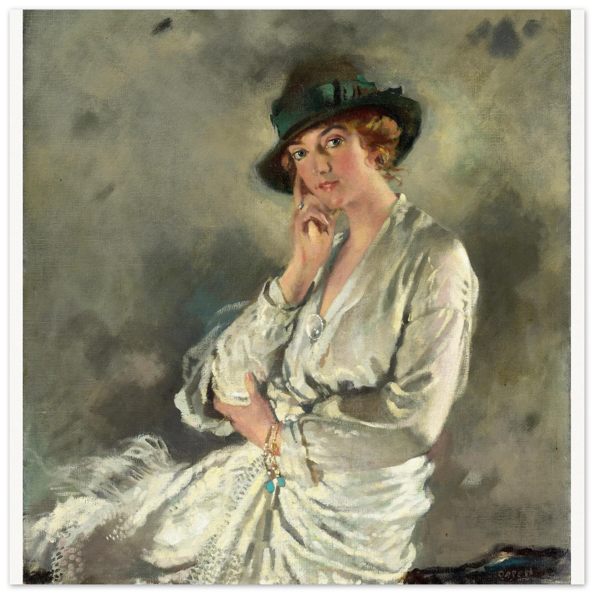 Unframed William Orpen portrait print of Mrs Carstairs in a white dress on a grey-green ground