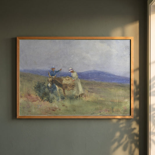 Unpacking the Picnic, Kerry framed print in a natural oak frame on a dark green wall beside a window, dappled plant shadow