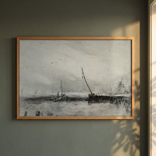 Vessels in a Squall off the Coast framed print in a natural oak frame on a dark green wall beside a window, dappled plant shadow