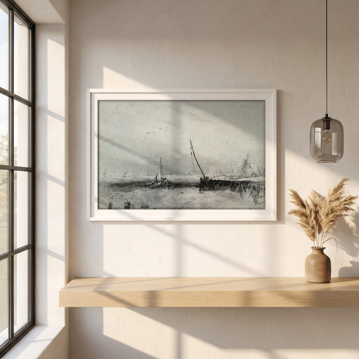 Vessels in a Squall off the Coast framed print in a white frame on a plaster wall above an oak worktop in a bright Scandinavian kitchen