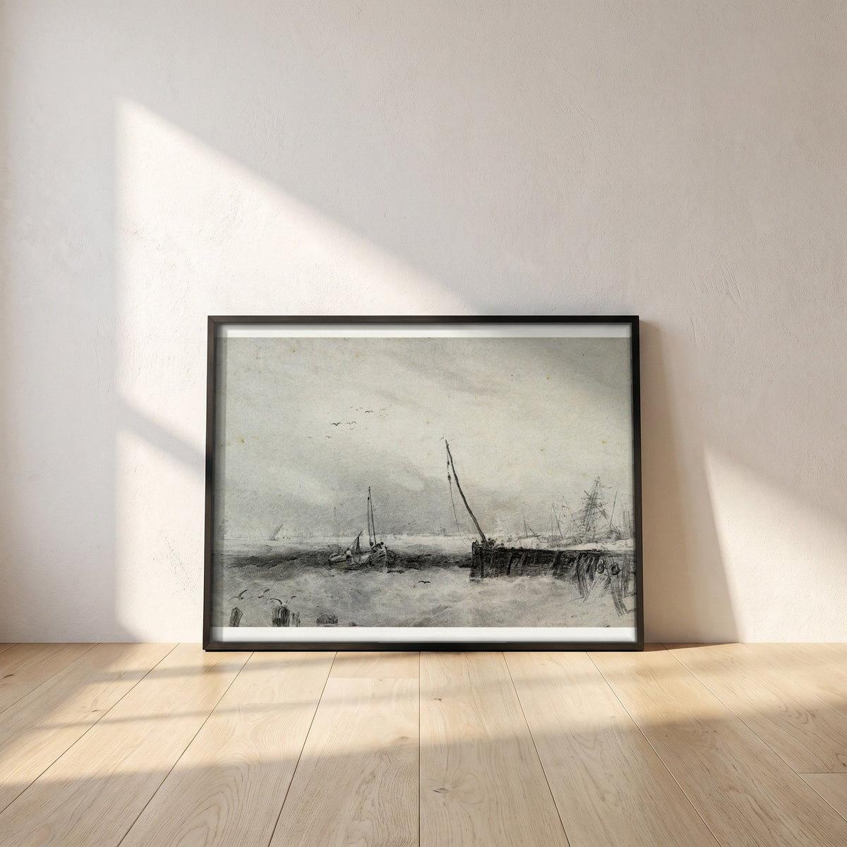Vessels in a Squall off the Coast framed print in a black frame leaning against a white plaster wall on oak floorboards in morning light