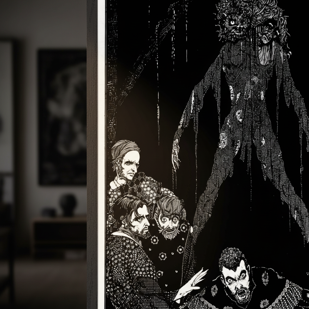 Walled the Monster (1923) by Harry Clarke framed print seen at an angle in a dark room
