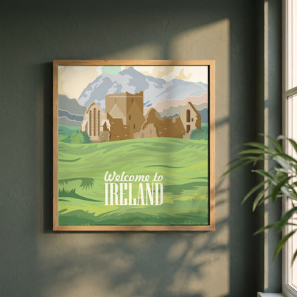 Welcome to Ireland Poster Print | Vintage Irish Travel framed print in a natural oak frame on a dark green wall beside a window, dappled plant shadow