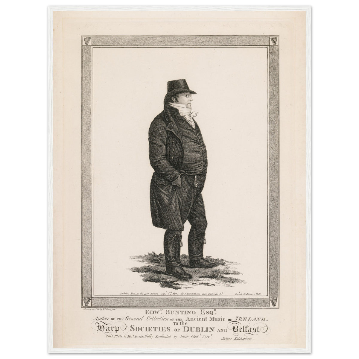 White-framed Edward Bunting print with engraved caption about the Dublin and Belfast harp societies