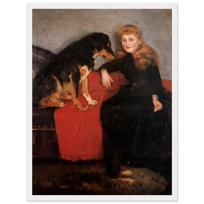 White-framed Sir John Lavery portrait of Eva Fulton with a black dog