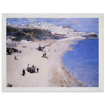 White-framed Sir John Lavery Tangier seascape with sandy bay and white buildings