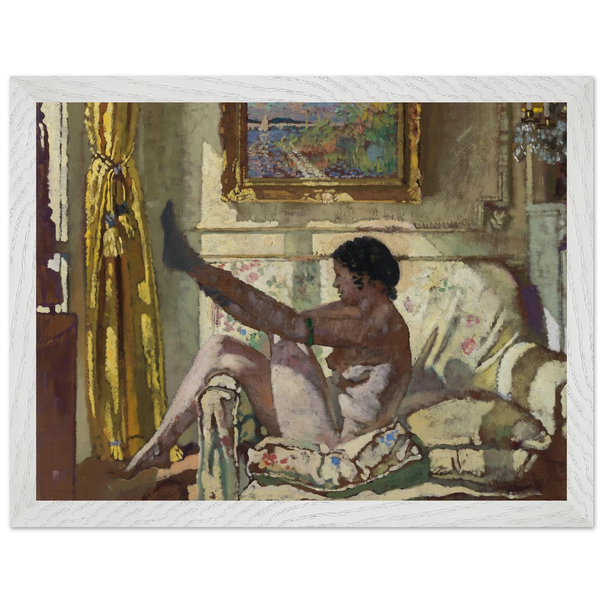 White-framed William Orpen Sunlight print, woman seated below a gilt-framed painting