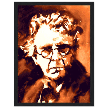 William Butler Yeats portrait in orange and brown tones, print in a dark wood frame