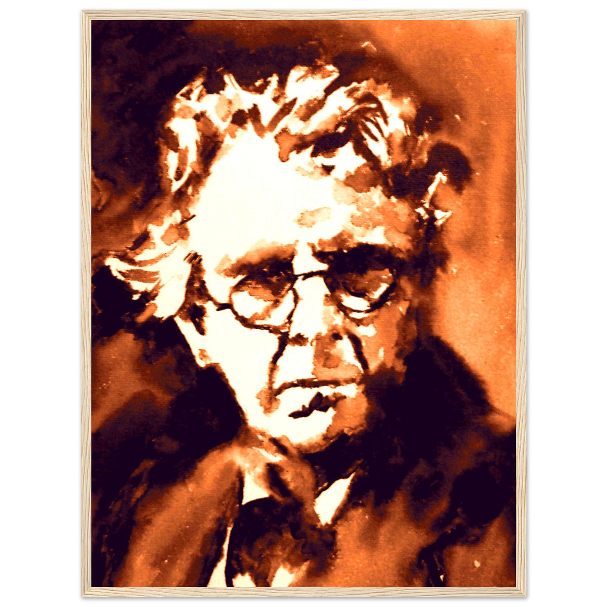 William Butler Yeats portrait print in a light oak frame, straight-on