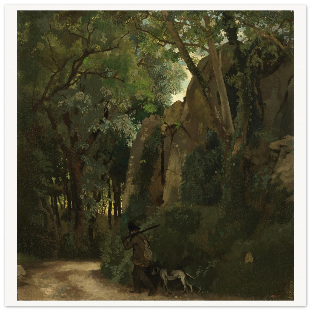 William Orpen painting of tall trees and a rocky bank at Howth, unframed print with white edge