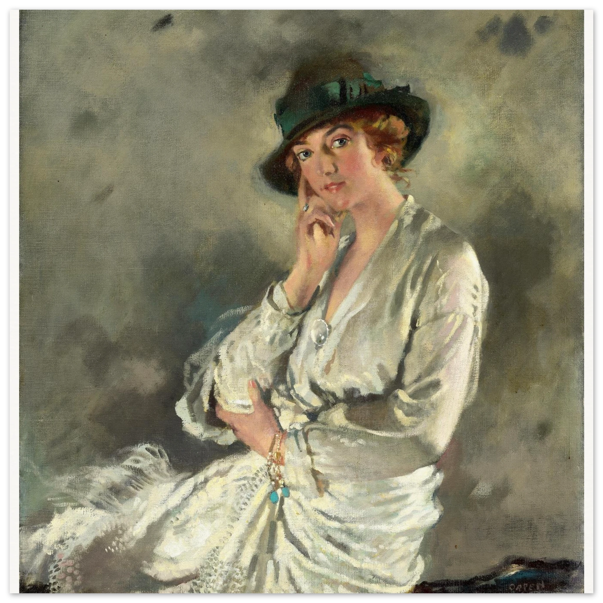 William Orpen portrait of a lady in pale silk and a dark green hat, unframed print with white edge