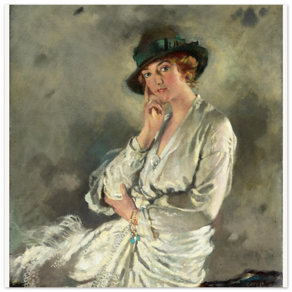 William Orpen portrait of a lady in pale silk and a dark green hat, unframed print with white edge