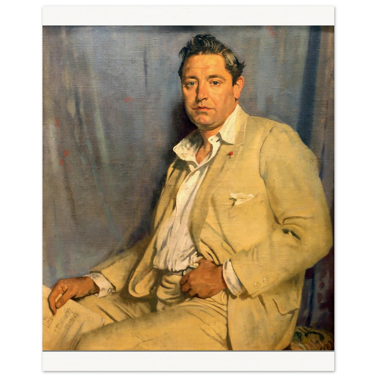 William Orpen portrait of John McCormack seated in a pale linen suit, unframed print