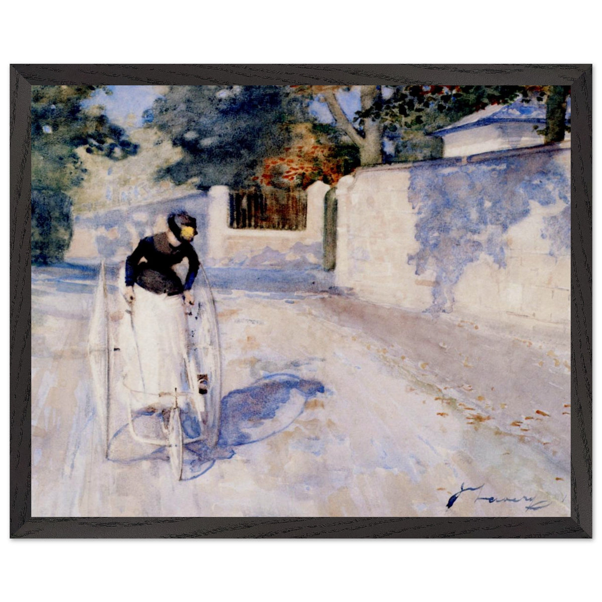 Women on a Safety Tricycle by Sir John Lavery in a black frame with a white mount