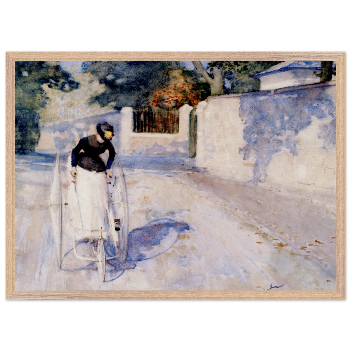 Women on a Safety Tricycle by Sir John Lavery in a light oak frame, tricycle shadow on a pale road