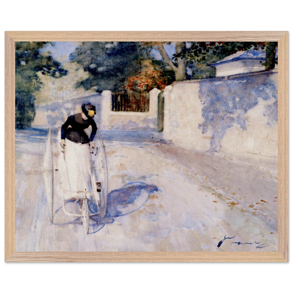 Women on a Safety Tricycle by Sir John Lavery in a natural oak frame