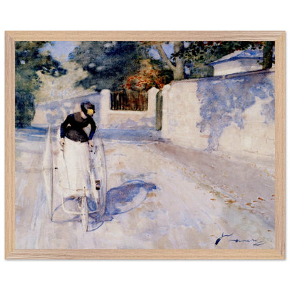 Women on a Safety Tricycle by Sir John Lavery in a natural oak frame