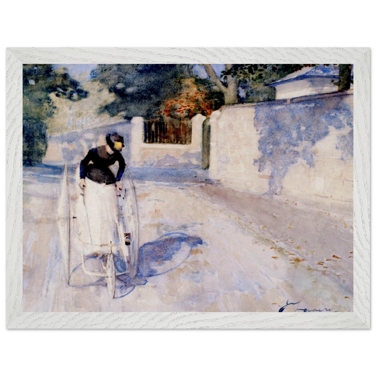 Women on a Safety Tricycle by Sir John Lavery in a whitewashed frame with a white mount
