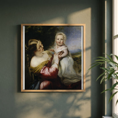 Young Mother's Pastime (1844) framed print in a natural oak frame on a dark green wall beside a window, dappled plant shadow